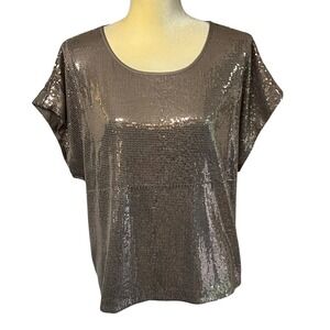 Trina Turk‎ Sequin Top Drapey Blouse Party Sparkle Shimmer Taupe Brown Size S
